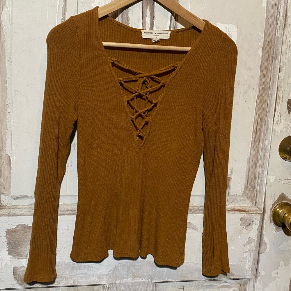 Urban Outfitters || Project Social T Lace Up Plunge Ribbed Long Sleeve Shirt